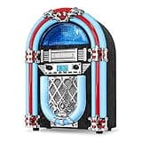 Victrola Nostalgic Wood Countertop Jukebox with Built-in Bluetooth Speaker, 50's Retro Vibe, 5 Bright Color-Changing LED Tubes, FM Radio, Wireless Music Streaming, AM/FM Radio, Aux Input