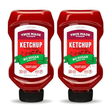 True Made Foods - No Sugar Added Ketchup - Condiment Squeeze Bottles Made with Fruit and Veggies for Barbeque Grilling and BBQ Toppings, Healthy Sauce for Cookout, Whole 30, Keto, Vegan (18.5 oz, 2 Pack)