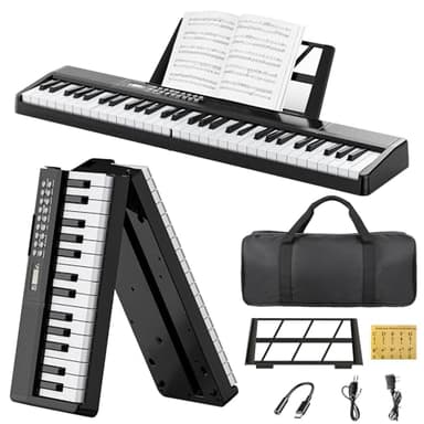 Buinblu Electronic Piano Keyboard,Foldable 61 Key Digital Pianos with Power Adapter,Sheet Music Stand,Sticker,Bag,Gift for Beginners,Black