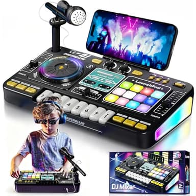 Kids DJ Mixer Board Controller Toy Set with Turntable, Piano Keys, Microphone & Bluetooth - Musical Instrument Toy for Toddlers, Babies & 3-8 Year Old Boys & Girls - Birthday (Black)