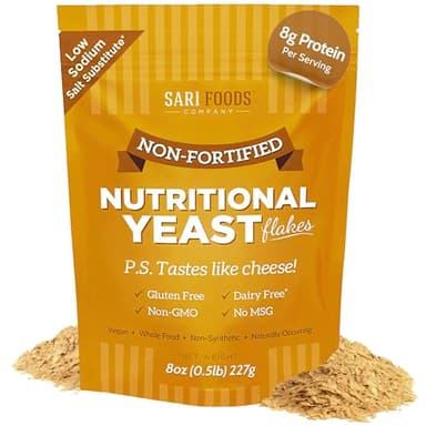 Sari Foods Non-Fortified Nutritional Yeast Flakes - 8oz - Superfood, Protein. Gluten Free & Dairy Free Vegan Cheese Parmesan Substitute, Vitamins B, Beta-glucans & 18 Amino Acids