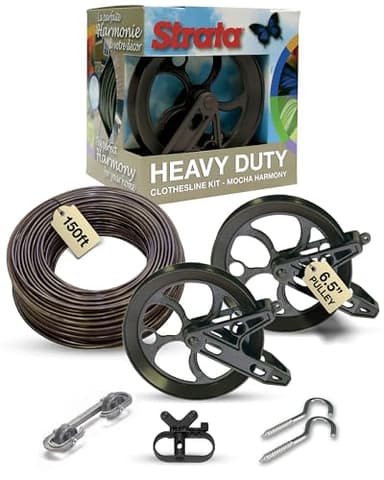 Strata Aged Bronze Harmony Clothesline Outdoor Heavy Duty Kit - 150 Feet Galvanized Wire PVC Coating, 6.5" Aged Bronze Clothes line Pulley 2pcs, Metal Mini Winch Tightener 1pc & 2 Metal Hooks