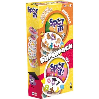 Asmodee Spot It! Super Pack Kids (2024 Refresh) Eco Big Box - Includes Animals and 1,2,3 Editions, Family Card Game Bundle for Quick Reflexes! Ages 6+, 2-8 Players, 10 Minute Playtime