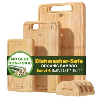 4-Piece Bamboo Wood Cutting Board Set, Dishwasher Safe, Organic Bamboo, No Glue & Non-Toxic & Healthy, with Juice Groove, Lightweight & Durable, Plastic-Free Kitchen Chopping Board for Meat