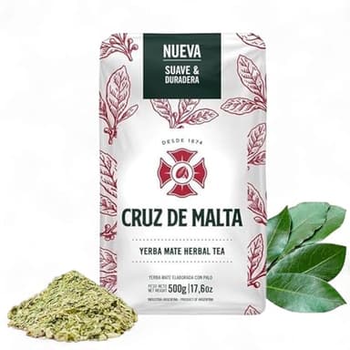 Cruz de Malta Yerba Mate Tea – 500gr (1.1 lbs) Loose Leaf – Traditional Argentine Herbal Tea – Smooth Flavor, Naturally Sourced – USA Specific Packaging – Gluten-Free – Large Leaf Low Dust Yerba Mate
