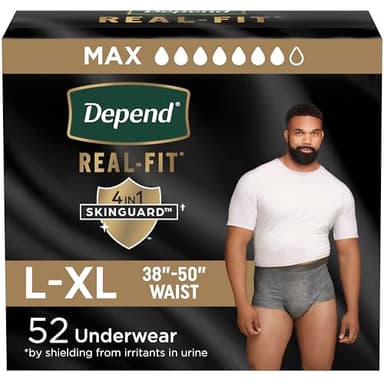 Depend Real Fit Adult Diapers, Incontinence Underwear for Men, Disposable, Maximum Absorbency, Large/Extra Large, 52 Count (2 Packs of 26), Packaging May Vary