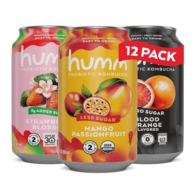 Humm Kombucha Sampler Pack, Includes Original Mango Passionfruit Kombucha, Zero Sugar Blood Orange, Whole30 Approved Strawberry Blossom (Pack of 12)