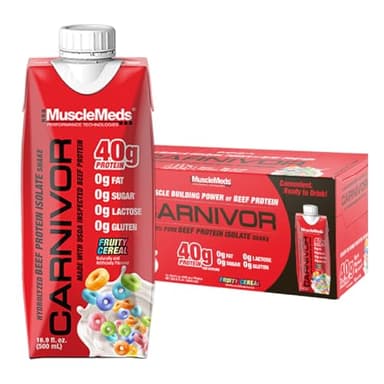 MuscleMeds Carnivor RTD, Ready to Drink Protein, Lactose Free, Sugar Free, 40g Isolate Protein, Muscle Building, Recovery, Halal Certified, Fruity Cereal, 16.9 Fl Oz (Pack of 12)