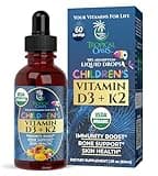 USDA Organic Vitamin D3 K2 Liquid Drops | Vitamin D3 K2 Supplement for Kids & Toddlers Ages 1+ | Kids Supplement for Calcium Absorption Strong Bones | Vegan, Non-GMO | 2 Fl Oz