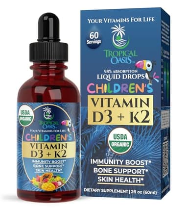 USDA Organic Vitamin D3 K2 Liquid Drops | Vitamin D3 K2 Supplement for Kids & Toddlers Ages 1+ | Kids Supplement for Calcium Absorption Strong Bones | Vegan, Non-GMO | 2 Fl Oz