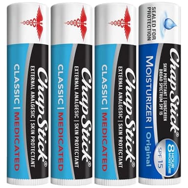 ChapStick Dry Lips & Cold Sore Pain Relief Bundle – Classic Medicated ChapStick 3-Pack + Original Moisturizer Lip Balm with SPF 15, 0.15 Oz Ea (4 Piece Set)