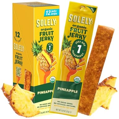 SOLELY - Organic Pineapple Fruit Jerky - 12 Individually Wrapped Strips - Fruit Leather Made from Dried Fruit - Healthy Snacks for Adults & Kids - Non GMO, Vegan Snacks - 0.8oz (23g)