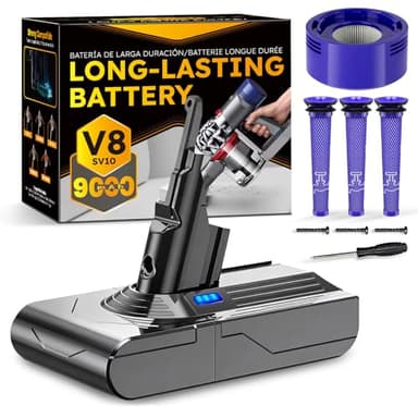 CELLPOW Upgraded 9000mAh V8 Battery Replacement Compatible with Dyson V8 Animal/Absolute/Motorhead/Fluffy / SV10 Series Cordless Vacuum Cleaner with 4 Filters (3 Pre + 1 Post).