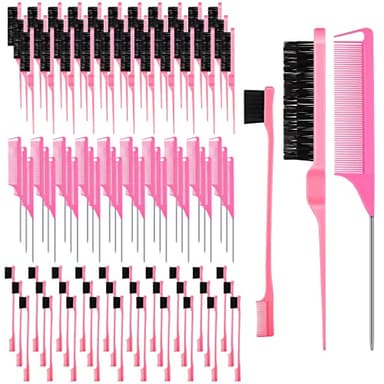 90 Piece Hair Styling Set: 30 Teasing Brushes, 30 Rat Tail Combs, 30 Edge Brushes for Women, Babies, and Kids - Pink
