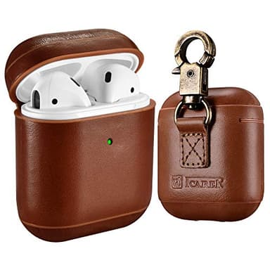 AirPods Leather Case, ICARER Genuine Leather AirPod case with Keychain and Led Light for Apple AirPods 2 Case & Airpods 1, Support Wireless Charging(Brown)
