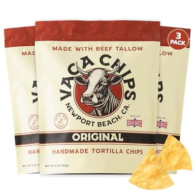 Vaca Chips – Beef Tallow Tortilla Chips, Original Flavor – 3 Pack of 5 oz Bags – Seed Oil Free Snack Made with Organic Corn & Sea Salt – Gluten Free, No Preservatives, Cooked in Beef Tallow