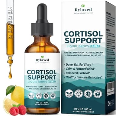 Cortisol Supplements for Women & Men, 18 in 1 Stress & Mood Support Drops with Magnesium 480mg, GABA, Ashwagandha, L-Theanine & Phosphatidylserine, for Relaxation & Sleep, Lemon Raspberry Flavor 60mL