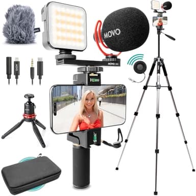 Movo iVlogger-PRO Vlogging Kit with Full Tripod for iPhone/Android - USB-C/Lightning YouTube Starter Kit for Content Creators - Accessories: Phone Tripod, Phone Mount, RGB Light and VXR10 Shotgun Mic