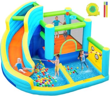 FBSPORT Inflatable Bounce House, Water Slide Park Slide Bouncer with Ball Shooting, Climbing Wall, Jumping and Splash Pool, Kids Bouncy Castle with 450W Air Blower for Outdoor Backyard