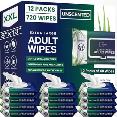 OPTEEL Adult Wipes For Elderly - 8"x13" Extra Large & Soft Wet Wipes for Adults Bathing - Incontinence Disposable Washcloths, Vitamin E & Aloe Infused for Men & Women 720ct (12 Packs of 60)