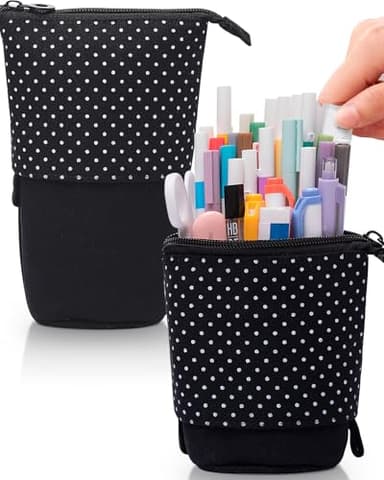 Sooez Standing Pencil Case, Cute Stand up Pencil Pouch, Telescopic Pen Pouch, Portable Pencil Holder, Kawaii Stand up Pencil Case, Spacious Pencil Pouch Bag for School Office Supplies, Black