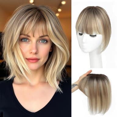 GULALUUK Hair Toppers for Women Real Human Hair Topper for Women with Bangs Hairpieces 10 Inch Swiss Base 3D 360° Cover for Daily Wear (Ombre Light Brown with Blond Highlight)
