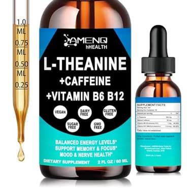 L Theanine Caffeine Supplement Organic Liquid Drops for Women & Men | Focused Energy Supplement with L-Theanine 200mg and 50mg Natural Caffeine + Vitamin B6 & B12 | Vegan | Non-GMO | Gluten Free