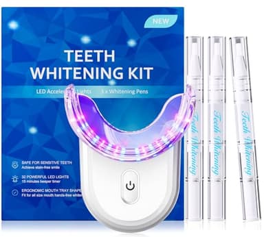 Teeth Whitening Kit with LED Light: 3 Whitening Gel Pens with 35% Carbamide Peroxide - Remove Coffee Tea Stains - 32X Dual LED Light - Safe Enamel Care - Daily Routine - for Yellow Teeth Users