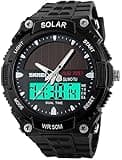 FANMIS Men's Solar Powered Casual Quartz Wrist Watch Analog Digital Multifunctional Black Sports Watch (Black)