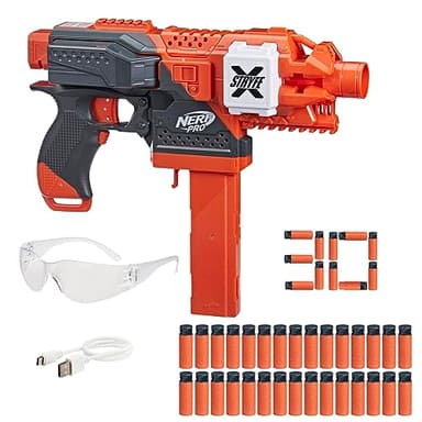 NERF Pro Stryfe X Dart Semi-Auto Blaster, Rechargeable LiPo Battery, 30 AccuStrike Half-Length Darts, 15-Dart Magazine, 150 FPS, Eyewear, 14+ (Amazon Exclusive)
