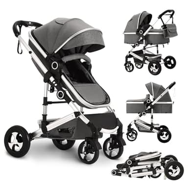 TODEFULL Convertible Baby Stroller, 3 in 1 Folding Infant Stroller, High Landscape Pushchair w/Adjustable Backrest & Canopy, Newborn Pram with Foot Cover, Storage Basket, Dark Grey