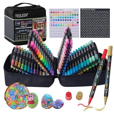 FEGLEEN 120 Colors Acrylic Paint Markers,Dual Tip Acrylic Marker Set With Fine Tip and Brush Tip Contain Metallic,Glitter,Neon,Morandi,Skin Tone Series for Rock Painting,Egg,Wood,Glass,Fabric,Crafts