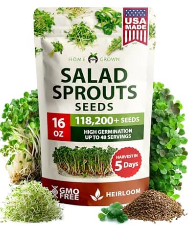 HOME GROWN Premium Sprouting Seeds Mix - Microgreens 118,200 Seeds for Indoor Growing - Non-GMO Broccoli, Alfalfa, Radish, Clover Sprouts Seed - 16oz Resealable Pack for Healthy Salad & Juicing