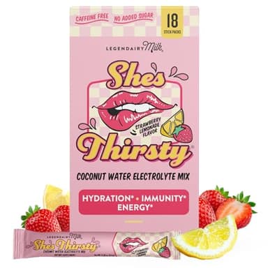 Legendairy Milk She’s Thirsty – Strawberry Lemonade, Hydration Packets | Cortisol Supplement for Stress Relief & Adrenal Support | Coconut Water Electrolytes Powder, No Sugar Added 18 ct