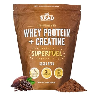 B.rad Superfuel - Grass Fed Whey Protein Isolate Boosted with Creatine | Farm-Fresh, Easy-to-Digest, Clean Ingredients | 2 Pounds | 100% USA Sourced | Cocoa Bean (Chocolate)
