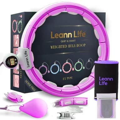 Leann L!fe U5-16 Knots 28”- 46”Counter, Waist Trimmer & Wash Bag, Upgraded Quiet Smart Weighted Hula Hoop for Adults Weight Loss, Infinity Hoop Plus Size, Fitness Exercise, Abdominal Toner, Purple