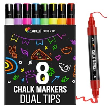 Zenacolor Liquid Chalk Markers - Dual Tips, 8 Vibrant Colors, Non-Toxic, Quick-Drying, Erasable for Blackboard, Windows, Glass, Cars - 24 Labels Included