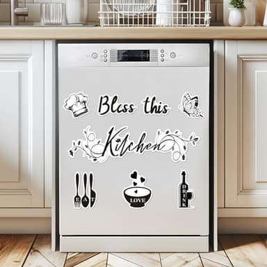 Kitchen Dishwasher Magnet Decorations, Bless This Kitchen Dishwasher Refrigerator Cover Magnetic Stickers Decal Decorative for Home Appliance Garage Car Metal Door Cover Black White Kitchen Decor