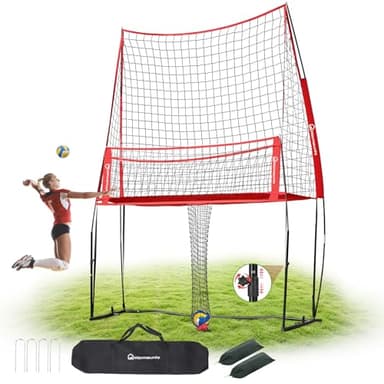 WARMOUNTS Volleyball Training Equipment, Volleyball Practice Net Station with Ball Catcher, Update Freely Height Adjustable Volleyball Training Net System for Backyard Serving Spiking Hitting Practice