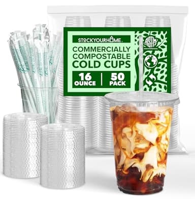 Stock Your Home 16 oz Premium Commercially Compostable Cold Cups (50 Pack), Eco Party Cup, Environmentally Friendly Disposable Sustainable for Water, Wine, Beer Sample