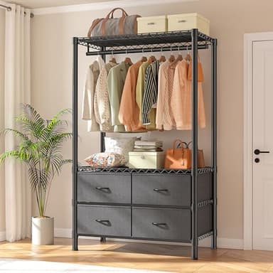 Raybee Clothes Rack, Clothing Racks for Hanging Clothes, Clothes Rack with Drawers, Heavy Duty Portable Closet, Freestanding Garment Rack with Shelves for Bedroom, Dorm, Easy to Assemble, Black