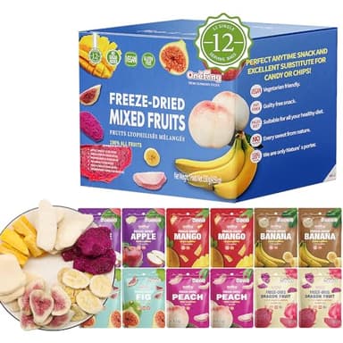 ONETANG Freeze-Dried Mixed Fruit, 12 Pack Single-Serve Pack, Non GMO, Kosher, No Add Sugar, Gluten free, Vegan, Holiday Gifts, Healthy Snack, Blue Box, 0.35 Ounce