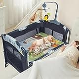 5-in-1 Baby Bassinet Bedside Crib, Pack and Play Long Next to Parents Bed Crib with Toys & Music Box, Mattress, Foldable Playard, Playpen Travel Bed Nursery Center for Girl Boy Infant Newborn