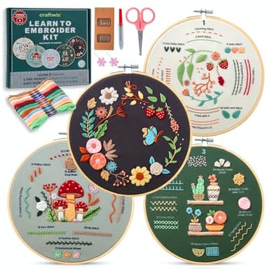 Craftwiz 4-Piece Starter Embroidery Kit for Beginners with Simple Patterns, Learn to Embroider 31 Stitches with Hand Embroidery Kit