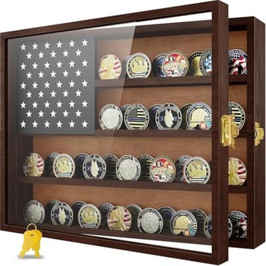 Military Challenge Coin Display Case 16 x 12 in, Wooden American Flag Shadow Box with Anti-Dust UHD Acrylic Door, Gold-Antitheft Lock & Wall Mount, Gift for Collectors (Charcoal Brown Large)