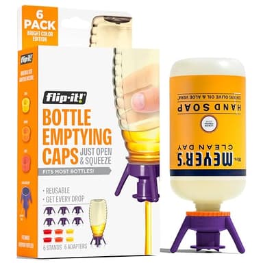 Flip-It! Bottle Emptying Kit – 6 Bottle Pack - No more wasted product - Fits most plastic bottles – 6 Base Caps, 6 Adapters – Bright Color Edition