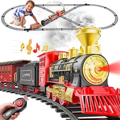 Hot Bee Train Set, Remote Control Train Toys with Luxury Tracks, Christmas Train Sets for Around the Tree,Toy Train with Smokes, Lights & Sound,Model Train Set for 3 4 5 6 7+ Years Old Boys Gifts Kids