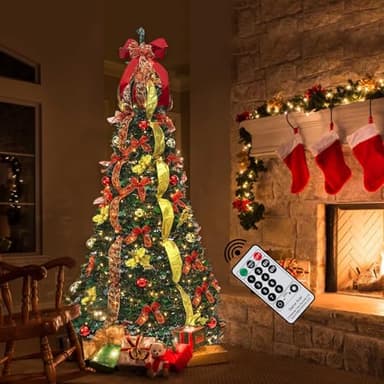 6.5FT Pop Up Christmas Tree with Lights and Decorations & Remote & Timer, Prelit Fully Decorated Pull Up Artificial Christmas Tree with Xmas Ball Ornaments Bows Ribbons for Xmas Party Decor