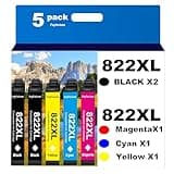 822XL Remanufactured for Epson 822XL Ink Cartridges for 822 XL T822 for Workforce Pro WF-3820 WF-3823 WF-4820 WF-4830 WF-4833 WF-4834 Printer 5 Pack 2 Black 1 Cyan 1 Magenta 1 Yellow