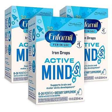Enfamil Fer-in-Sol Iron Supplement Drops for Infants & Toddlers, Supports Brain Development, 50 mL Dropper Bottle, Pack of 3